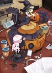  cable cat halloween hat inemuri_uno multiple_girls original pink_hair pumpkin screwdriver witch_hat 