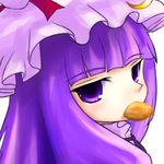  close-up croquette hat looking_back mouth_hold patchouli_knowledge purple_hair solo touhou tsubasa_(abchipika) 