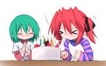  &gt;_&lt; cake candle clapping closed_eyes cream fire flame food iwasaki_minami kobayakawa_yutaka kuroba_u long_sleeves lowres lucky_star multiple_girls simple_background striped_sleeves upper_body white_background wince 