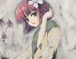  amamiya_yuki arm_up bangs flower hair_flower hair_ornament hieda_no_akyuu japanese_clothes kimono lips long_sleeves looking_at_viewer purple_eyes purple_hair short_hair solo touhou upper_body wide_sleeves 