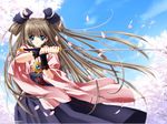  blue_eyes carnelian copyright_request highres japanese_clothes ribbon skirt solo sword wallpaper watermark weapon 