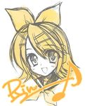  :d bangs blonde_hair blouse bow character_name eighth_note hair_bow hair_ornament hairclip headphones kagamine_rin musical_note open_mouth portrait rei_(rei's_room) ribbon sailor_collar short_hair signature simple_background sketch smile solo swept_bangs vocaloid white_background white_blouse yellow_ribbon 