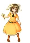  animal_ears black_hair blush brown_footwear bunny_ears eyebrows eyebrows_visible_through_hair flower full_body holding inaba_tewi kome_(404) legs_apart looking_at_viewer multicolored multicolored_clothes multicolored_legwear red_eyes shirt shoes short_hair short_sleeves simple_background skirt skirt_set smile solo standing striped striped_legwear touhou white_background yellow_shirt yellow_skirt 