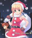  1girl ahoge animal_costume antlers artoria_pendragon_(all) azu belt blonde_hair christmas emiya_shirou fate/stay_night fate_(series) green_eyes hair_ribbon hat merry_christmas mittens night reindeer_costume ribbon saber sack santa_costume santa_hat snowing 