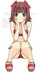  1girl amami_haruka bikini hands_on_own_cheeks hands_on_own_face idolmaster idolmaster_(classic) idolmaster_1 imageboard_colors red_bikini side-tie_bikini simple_background sitting solo spoken_ellipsis swimsuit takayaki toes white_background 