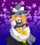  :d apron bangs black_hat black_skirt black_vest blonde_hair bow braid frilled_apron frilled_sleeves frills gradient gradient_background hair_between_eyes hair_bow hat hat_bow kirisame_marisa long_hair open_mouth orange_eyes puffy_short_sleeves puffy_sleeves red_bow shirt short_sleeves single_braid skirt skirt_basket smile solo star starry_background touhou vest waist_apron white_apron white_bow white_shirt witch_hat 