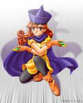  2002 alena_(dq4) black_legwear boots cape dated dragon_quest dragon_quest_iv earrings fuuka_(toy_jump) gloves hat jewelry pantyhose red_eyes red_hair skirt yellow_skirt 