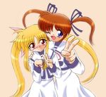  blonde_hair fate_testarossa long_hair lyrical_nanoha mahou_shoujo_lyrical_nanoha mahou_shoujo_lyrical_nanoha_a's multiple_girls one_eye_closed purple_eyes red_eyes red_hair school_uniform seishou_elementary_school_uniform takamachi_nanoha twintails v 