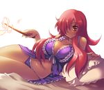  babydoll bed bra breasts brown_eyes cleavage dark_skin hair_over_one_eye kirche_augusta_frederica_von_anhalt_zerbst large_breasts lingerie long_hair lying nightgown orange_eyes panties red_hair smile smoke solo toranosuke underwear wand zero_no_tsukaima 