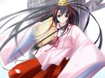  black_hair da_capo da_capo_i fan folding_fan game_cg hakama hat japanese_clothes konomiya_tamaki long_hair miko motion_blur nanao_naru petals purple_eyes red_hakama smile solo tree very_long_hair 