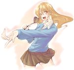  :d blonde_hair brown_hair brown_skirt contrapposto copyright_request holding kawakami_shuuichi ladle long_hair long_sleeves looking_at_viewer open_mouth pleated_skirt skirt smile solo standing 