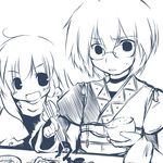  1girl blue blush chopsticks food futami_yayoi kirisame_marisa monochrome morichika_rinnosuke rice sweat touhou 