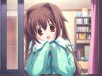  arm_support blush bra-ban! brown_hair chin_rest game_cg hands_on_own_face kobuichi long_hair nakanoshima_tae open_mouth pajamas polka_dot polka_dot_pajamas red_eyes smile solo tareme 