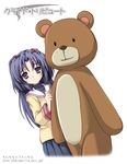  animal_costume bangs bear_costume clannad dutch_angle hair_bobbles hair_ornament hiding hikarizaka_private_high_school_uniform ichinose_kotomi long_hair looking_at_viewer oversized_object parted_bangs peeking_out purple_hair school_uniform shy simple_background sleeve_cuffs tomusooya two_side_up very_long_hair white_background 