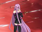  bare_shoulders blindfold choker detached_sleeves dress fate/stay_night fate_(series) gate_of_babylon jpeg_artifacts long_hair parody purple_hair rider solo strapless strapless_dress sword thighhighs third-party_edit very_long_hair weapon zettai_ryouiki 