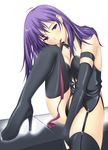  big_wednesday boots fate/stay_night fate_(series) high_heels latex leather matou_sakura mouth_hold necktie purple_eyes purple_hair ribbon ribbon_in_mouth shoes solo thighhighs 