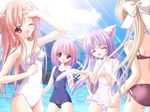  animal_ears bikini blonde_hair bow bowtie cafe_little_wish cat_ears flat_chest from_behind game_cg karen_(cafe_little_wish) lily_(cafe_little_wish) long_hair merun mina_(cafe_little_wish) multiple_girls one-piece_swimsuit one_eye_closed pink_hair purple_hair school_swimsuit short_hair splashing swimsuit tail tinker_bell water 