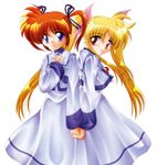  blonde_hair fate_testarossa hand_on_own_chest holding_hands long_hair lyrical_nanoha mahou_shoujo_lyrical_nanoha mahou_shoujo_lyrical_nanoha_a's multiple_girls purple_eyes red_eyes red_hair school_uniform seishou_elementary_school_uniform takamachi_nanoha twintails 