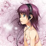  asaki_takayuki blue_eyes bra breasts covered_nipples headphones lingerie medium_breasts original purple_hair short_hair solo underwear 