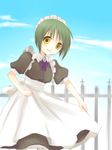  apron black_dress cowboy_shot crazy_eyes dress frills green_hair kayune_niu maid maid_headdress original puffy_short_sleeves puffy_sleeves short_hair short_sleeves solo yellow_eyes 