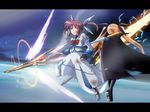  arm_belt back-to-back bardiche battle blonde_hair bow burnt_clothes cape electricity energy_sword energy_wings fate_testarossa fingerless_gloves flying gloves hayakawa_harui letterboxed lyrical_nanoha magazine_(weapon) magical_girl mahou_shoujo_lyrical_nanoha mahou_shoujo_lyrical_nanoha_a's multiple_girls one_eye_closed raising_heart red_bow red_hair shoes stained_clothes sword takamachi_nanoha thighhighs torn_clothes twintails weapon wince winged_shoes wings 