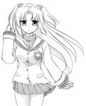  clannad greyscale hair_bobbles hair_ornament hikarizaka_private_high_school_uniform ichinose_kotomi jun_(aoerm) monochrome school_uniform skirt solo two_side_up 