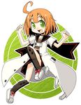  :d ahoge arms_up blush full_body green_eyes looking_at_viewer medic_(sekaiju) minami_juujisei open_mouth orange_hair sekaiju_no_meikyuu shoes short_hair short_sleeves simple_background smile sneakers solo white_background 