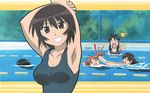  &lt;o&gt;_&lt;o&gt; 5girls :d armpits arms_up artist_request azumanga_daiou black_hair breasts brown_eyes brown_hair chain-link_fence cleavage day fence grin highres kagura_(azumanga_daiou) kickboard kurosawa_minamo lane_line large_breasts letterboxed mihama_chiyo multiple_girls o_o one-piece_swimsuit open_mouth orange_hair outdoors pool poolside reaching rectangular_mouth sideways_mouth smile stretch surprised swimming swimsuit takino_tomo tomboy trembling 