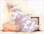  alternate_costume alternate_hairstyle barefoot bloomers fujiwara_no_mokou hair_down long_hair looking_at_viewer looking_back messy_hair red_eyes sitting sleepy solo sun-3 touhou underwear very_long_hair white_hair 