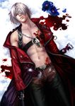  belt blood chain chest closed_eyes dante_(devil_may_cry) devil_may_cry ebony_&amp;_ivory flower gloves gun injury jacket jewelry kazuo-sama male_focus pants pendant shirtless single_bare_shoulder solo undressing weapon 