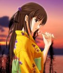  aizawa_kotarou black_hair candy duplicate floral_print flower food hair_ribbon japanese_clothes kimono lollipop long_hair original print_kimono profile ribbon solo sunset yellow_kimono yukata 