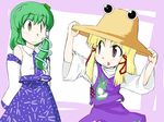  :o adjusting_clothes adjusting_hat arms_up blonde_hair blue_skirt blush detached_sleeves extra_eyes frog_hair_ornament golden_pe_done green_eyes green_hair hair_ornament hat kochiya_sanae long_sleeves moriya_suwako multiple_girls nontraditional_miko parted_lips short_hair skirt snake_hair_ornament sweater touhou vest 