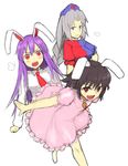  angry animal_ears barefoot brown_hair bunny_ears carrot dress grey_hair inaba_tewi jewelry long_hair multiple_girls open_mouth outstretched_arms pendant pink_dress purple_hair red_eyes reisen_udongein_inaba short_hair sigh sketch smile spread_arms touhou yagokoro_eirin yu_65026 