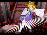  :d animal_print autumn_leaves blonde_hair extra_eyes frog_print full_body hat kneehighs loafers long_sleeves looking_at_viewer magic moriya_suwako open_mouth shoes side_b smile solo stairs sweater touhou white_legwear 