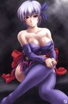 ayane_(doa) bare_shoulders boots breasts cleavage dead_or_alive kagehara_hanzou large_breasts purple_footwear purple_hair sitting solo thighhighs 