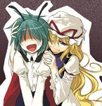  antennae bangs blonde_hair buttons cape collared_shirt covering_eyes green_hair hair_over_eyes hair_over_one_eye hat hat_ribbon izana_minagi juliet_sleeves long_hair long_sleeves lowres mob_cap multiple_girls open_mouth puffy_sleeves purple_eyes red_ribbon ribbon shirt short_hair smile source_request surprised touhou white_hat white_shirt wide_sleeves wriggle_nightbug yakumo_yukari you_gonna_get_raped 