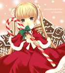  blonde_hair blue_eyes candy candy_cane capelet christmas dress food frills fur_trim holding holding_candy_cane long_hair looking_at_viewer mizunomoto red_capelet red_dress rozen_maiden santa_costume shinku sidelocks solo sweets twintails very_long_hair 