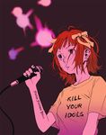  amami_haruka clothes_writing english hair_ribbon idolmaster idolmaster_(classic) idolmaster_1 latin makeup microphone ribbon shirt solo t-shirt tamaoki_benkyou tattoo 