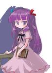  alternate_costume blue_ribbon blush book dress long_hair looking_at_viewer patchouli_knowledge purple_eyes purple_hair red_ribbon ribbon short_sleeves simple_background sketch solo standing table tao_(kadoya) touhou white_background 
