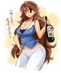  alcohol blush breasts brown_hair cleavage cropped_legs gundam gundam_00 hand_on_hip heart large_breasts long_hair okome_rice sleeveless solo sumeragi_lee_noriega translation_request very_long_hair white_background 