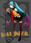  2007 :o alphonse_(white_datura) alternate_color aqua_eyes aqua_hair bad_id bad_pixiv_id bare_shoulders breasts detached_sleeves gradient_hair halloween hatsune_miku headset holding legs long_hair multicolored_hair necktie orange_(color) prehensile_hair purple_hair signature skirt small_breasts solo striped striped_legwear thighhighs very_long_hair vocaloid 