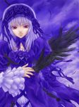  black_wings dress frilled_sleeves frills hairband iga_tomoteru lolita_hairband long_sleeves looking_at_viewer purple_dress rozen_maiden solo suigintou upper_body wings 