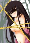 bamboo bamboo_forest bangs black_hair blush breasts caution_tape censored clothes_down dutch_angle forest houraisan_kaguya keep_out large_breasts long_hair looking_at_viewer nature navel outdoors shiny shiny_skin shirogane_(platinum) smile solo topless touhou undressing upper_body yellow_eyes 