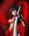  beatmania beatmania_iidx black_hair breasts dj_sakura eu03 face medium_breasts red_eyes solo sword weapon 