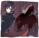  artist_name black_hair blood cape code_geass copyright_name lelouch_lamperouge looking_at_viewer looking_back male_focus purple_eyes smile solo upper_body yukian zoom_layer 