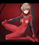  aka_ume arm_support bangs blue_eyes blush bodysuit bracer breasts from_side gloves gradient gradient_background grey_hair hair_between_eyes hair_ornament hand_on_own_knee letterboxed light_smile long_hair looking_at_viewer neon_genesis_evangelion number outstretched_arm pilot_suit plugsuit red_background red_bodysuit shadow sitting skinny small_breasts smile solo souryuu_asuka_langley turtleneck wariza 