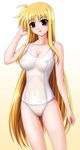  adjusting_hair artist_request blonde_hair breasts cleavage covered_navel fate_testarossa highres large_breasts long_hair lyrical_nanoha mahou_shoujo_lyrical_nanoha_strikers navel nipples one-piece_swimsuit pussy red_eyes school_swimsuit see-through smile solo swimsuit very_long_hair white_school_swimsuit white_swimsuit 