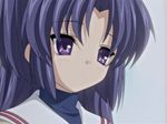  animated animated_gif clannad hair_bobbles hair_ornament ichinose_kotomi lowres purple_eyes purple_hair screencap solo two_side_up 