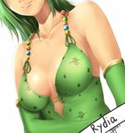  akamaru bare_shoulders breasts character_name cleavage elbow_gloves final_fantasy final_fantasy_iv gloves green_hair head_out_of_frame lips lowres medium_breasts rydia smile solo upper_body 