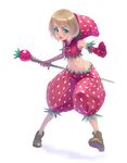  blush copyright_request elbow_gloves food food_themed_clothes freckles fruit gloves midriff simple_background solo staff strawberry weno 